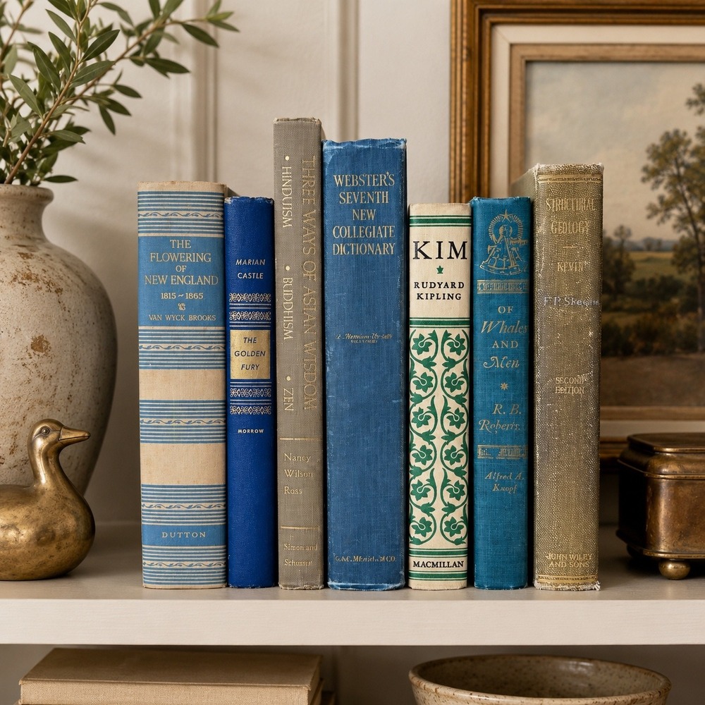 Vintage Blue and Neutral Decorative Book Bundle Set of 7 Hardcover Books Decor